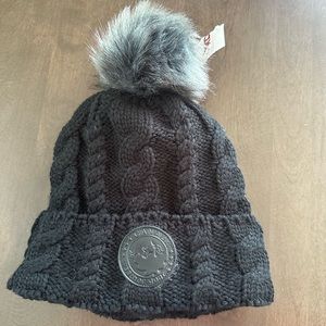 Black Cable Beanie with Thermal Plush Lining and Grey Pom Pom